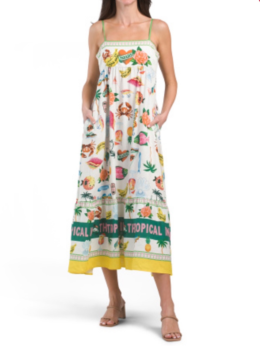EUC Linen blend Tropical Paradise Print Maxi Sundress with Green Trim Size Small